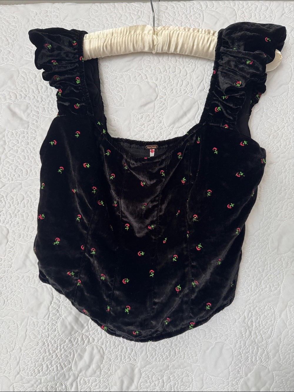 Free People Black Velvet Tank with Red & Green Floral Embroidery XS - Picture 3 of 8